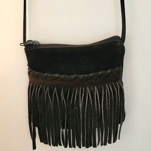 Black suede fringed zipper purse, shoulder/cross-body. 7 x 7 inch + 23" strap.